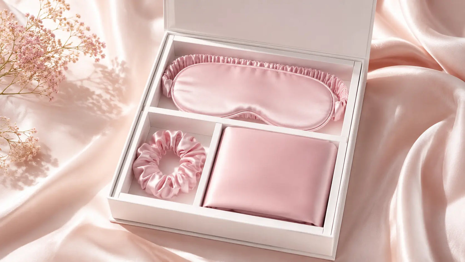 Coffret cadeau en soie rose avec masque de nuit, chouchou et taie assortie sur tissu satiné