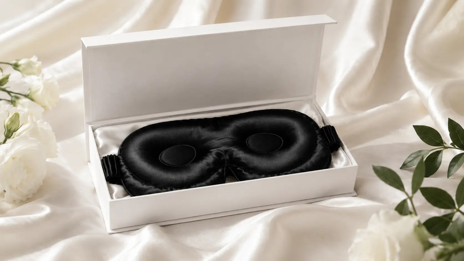 Masque de nuit en soie noire présenté dans un coffret blanc sur tissu satiné élégant