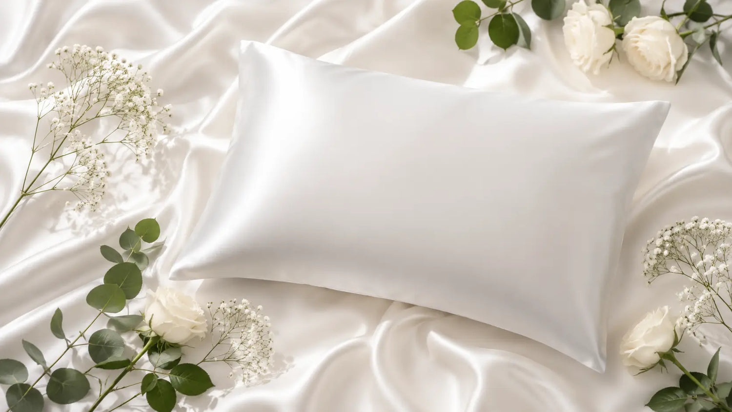 Taie d’oreiller en soie blanche posée sur satin avec fleurs délicates et feuillage vert