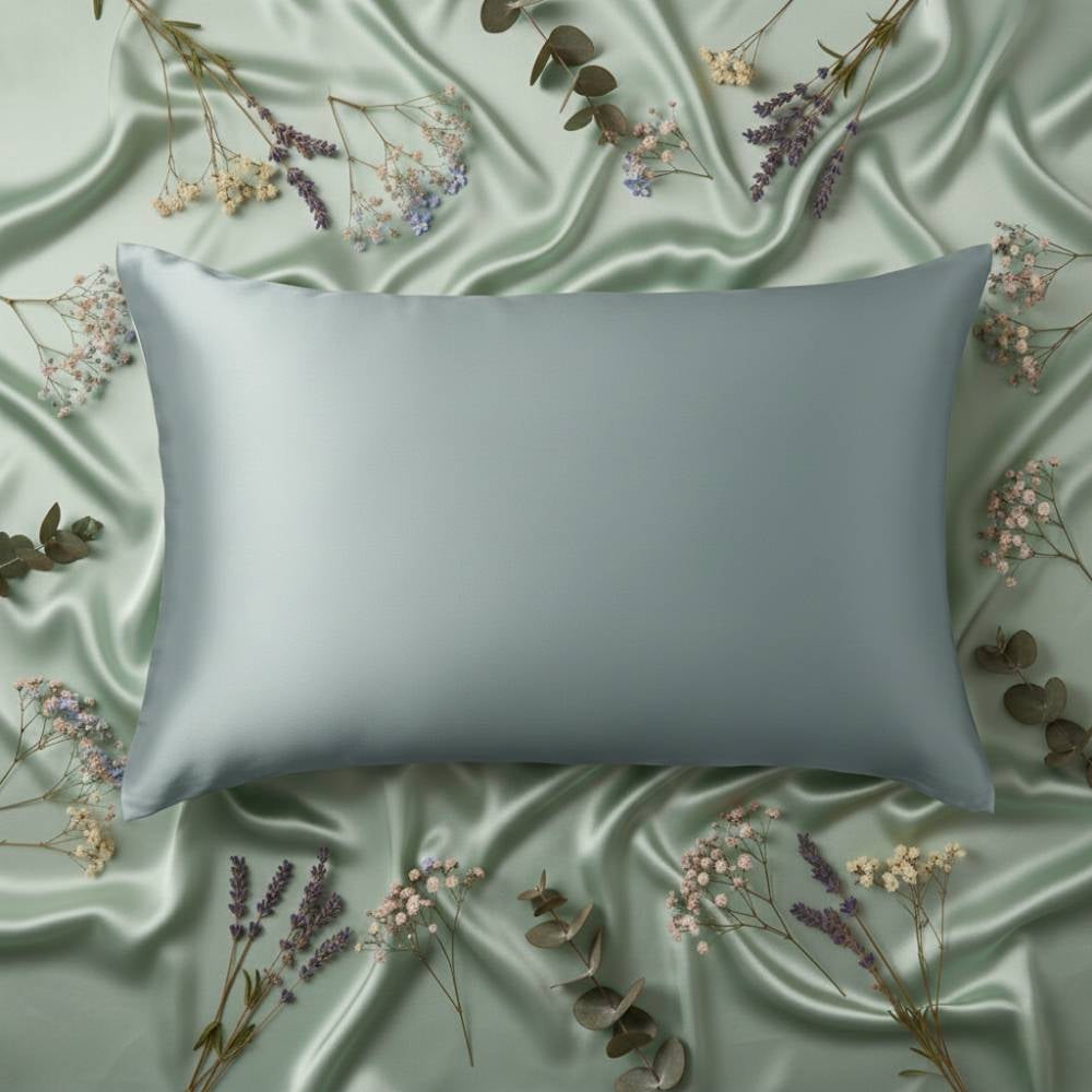 Taie en soie vert sauge posée sur un tissu doux avec des fleurs séchées autour