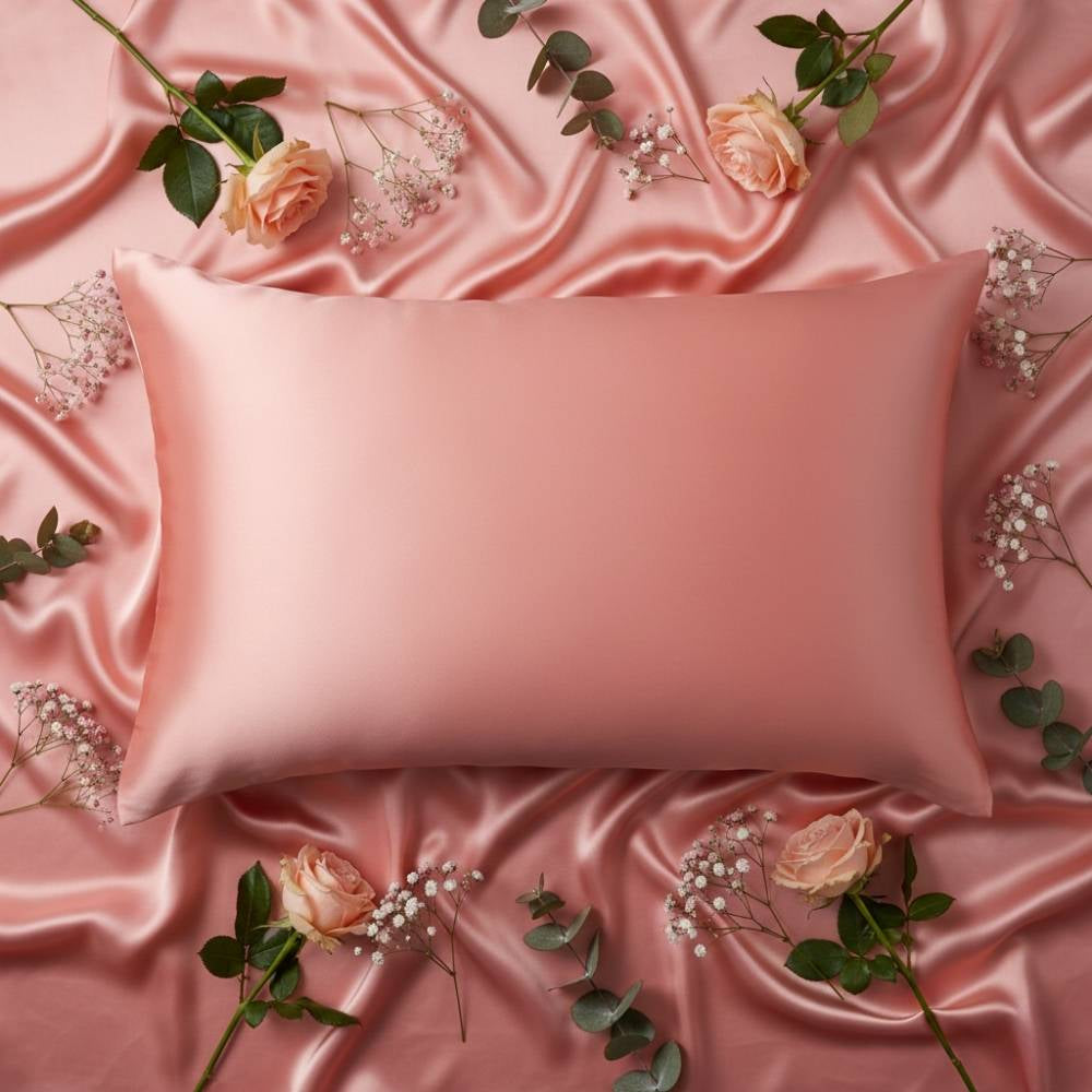 Taie d'oreiller en soie corail posée sur un drap satiné avec des fleurs et feuillage décoratifs