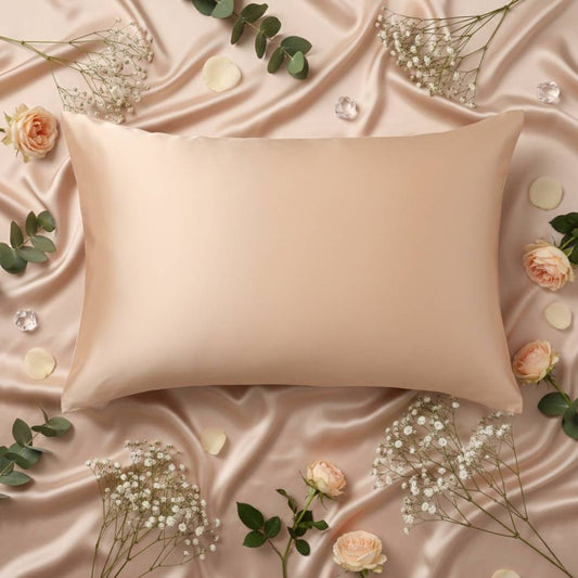 Taie d'oreiller en soie champagne posée sur un drap avec des fleurs et des feuilles décoratives
