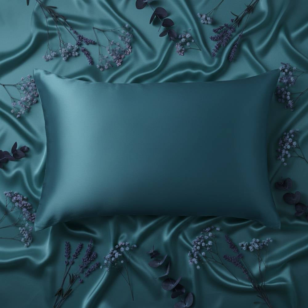 Taie en soie de couleur bleu paon intense sur un fond de satin avec des fleurs séchées