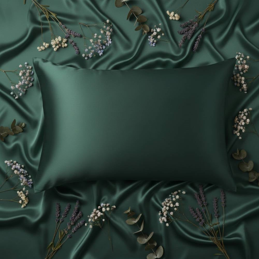Taie d'oreiller en soie émeraude posée sur un tissu satiné avec des fleurs et des feuilles autour