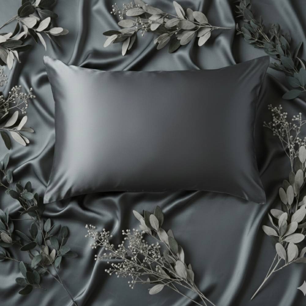 Taie d'oreiller en soie gris anthracite posée sur un drap avec des feuilles vertes et blanches
