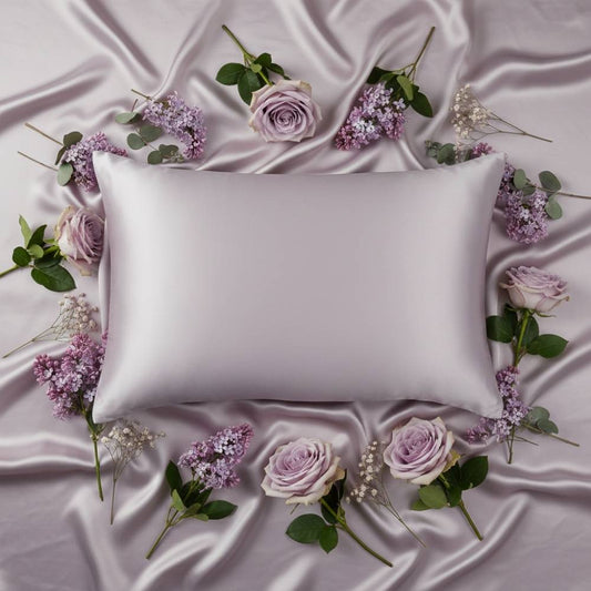 Taie d'oreiller en soie lilas entourée de fleurs roses et blanches sur un drap satiné