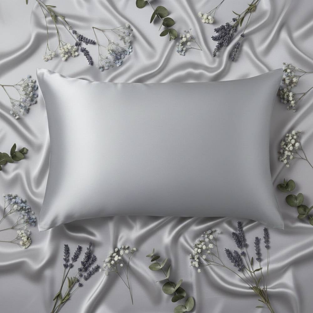 Taie d'oreiller en soie argentée posée sur un drap avec des fleurs séchées et des feuilles