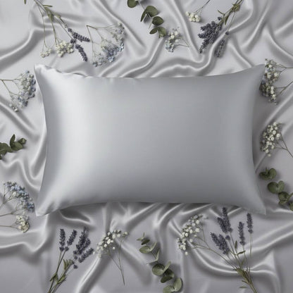 Taie d'oreiller en soie argentée posée sur un drap avec des fleurs séchées et des feuilles