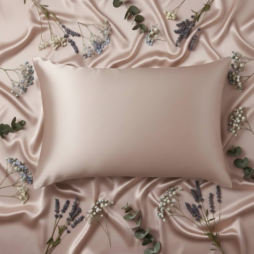 Taie en soie de mûrier taupe posée sur un drap satiné avec des fleurs séchées autour